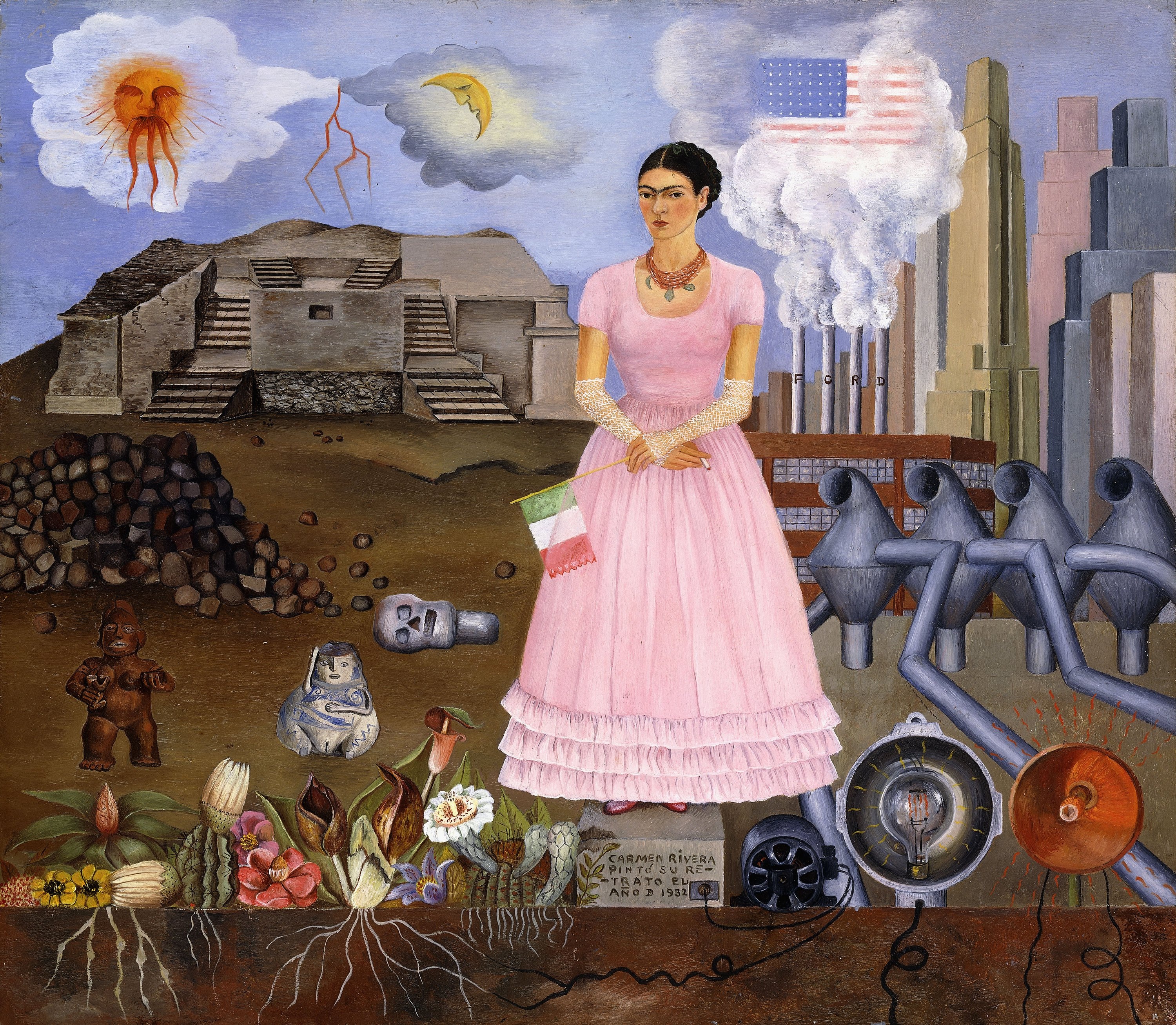 CH991362 Self Portrait on the Border between Mexico and the United States of America, 1932 (oil on tin) by Kahlo, Frida (1907-54); 31x35 cm; Private Collection; (add.info.: Self Portrait on the Border between Mexico and the United States of America; Autorretrato en la Frontera entre Mexico y los Estados Unidos. Frida Kahlo (1910-1954). Oil on tin. Signed and dated 1932. 31 x 35cm.); Photo © Christie's Images; Mexican,  in copyright 